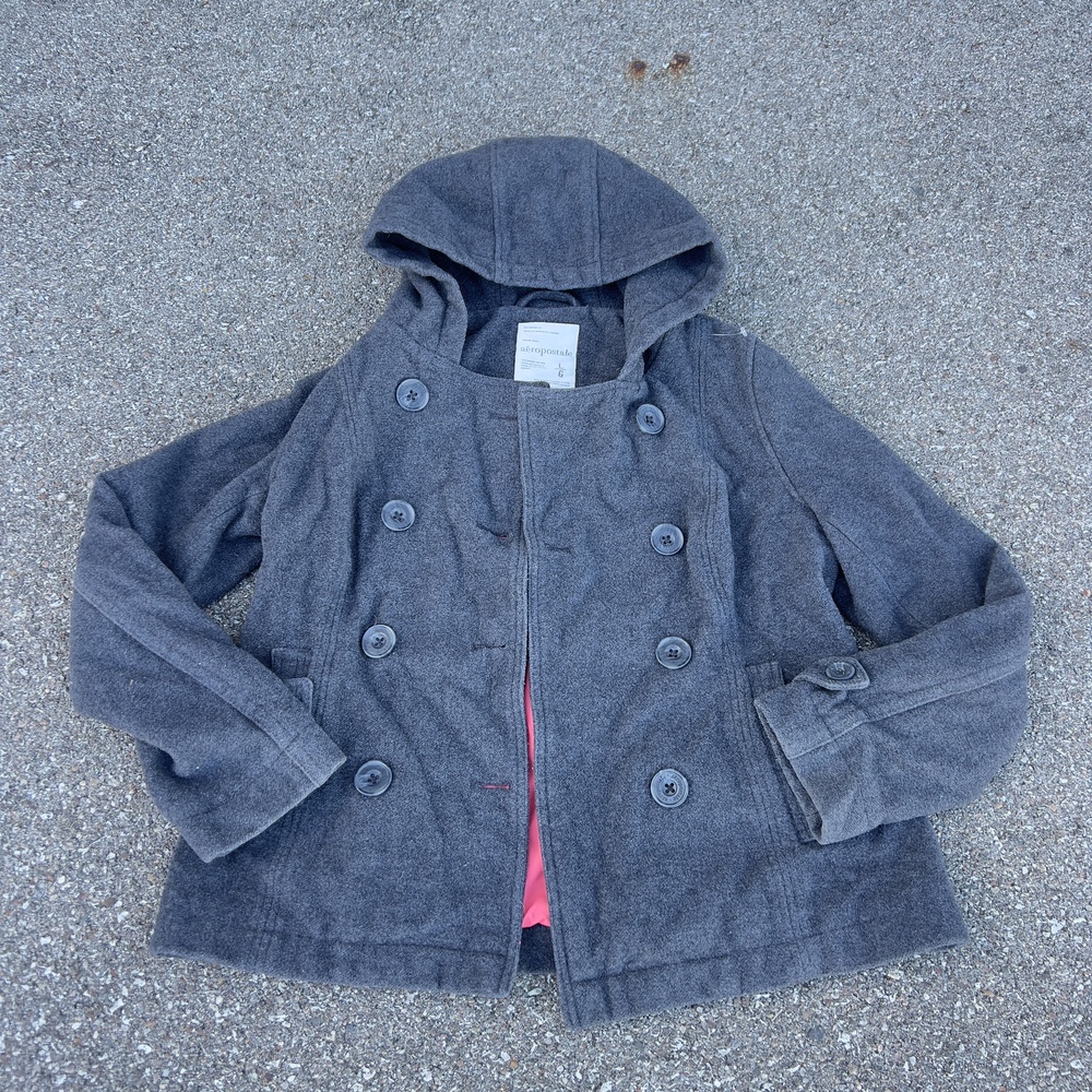 Aeropostale Coat Womens Large Gray Wool Blend Hooded Pea Full Zip Lined